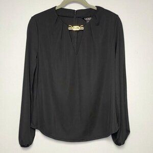 NWT Lauren Ralph Lauren Black with Gold Logo Bishop Sleeve Top Women's Size L